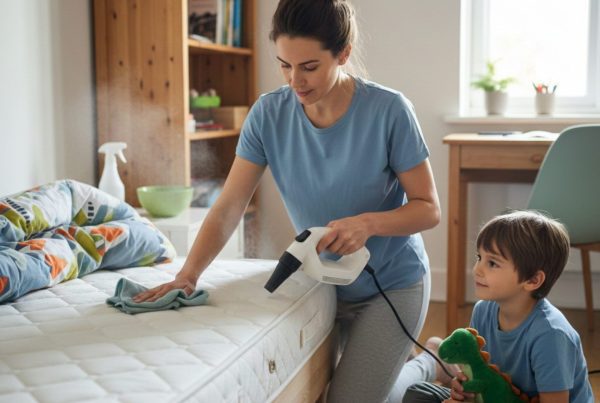 A woman cleaning a mattress with a handheld steam cleaner while a young child sits nearby holding a toy dinosaur, in a bright bedroom setting.